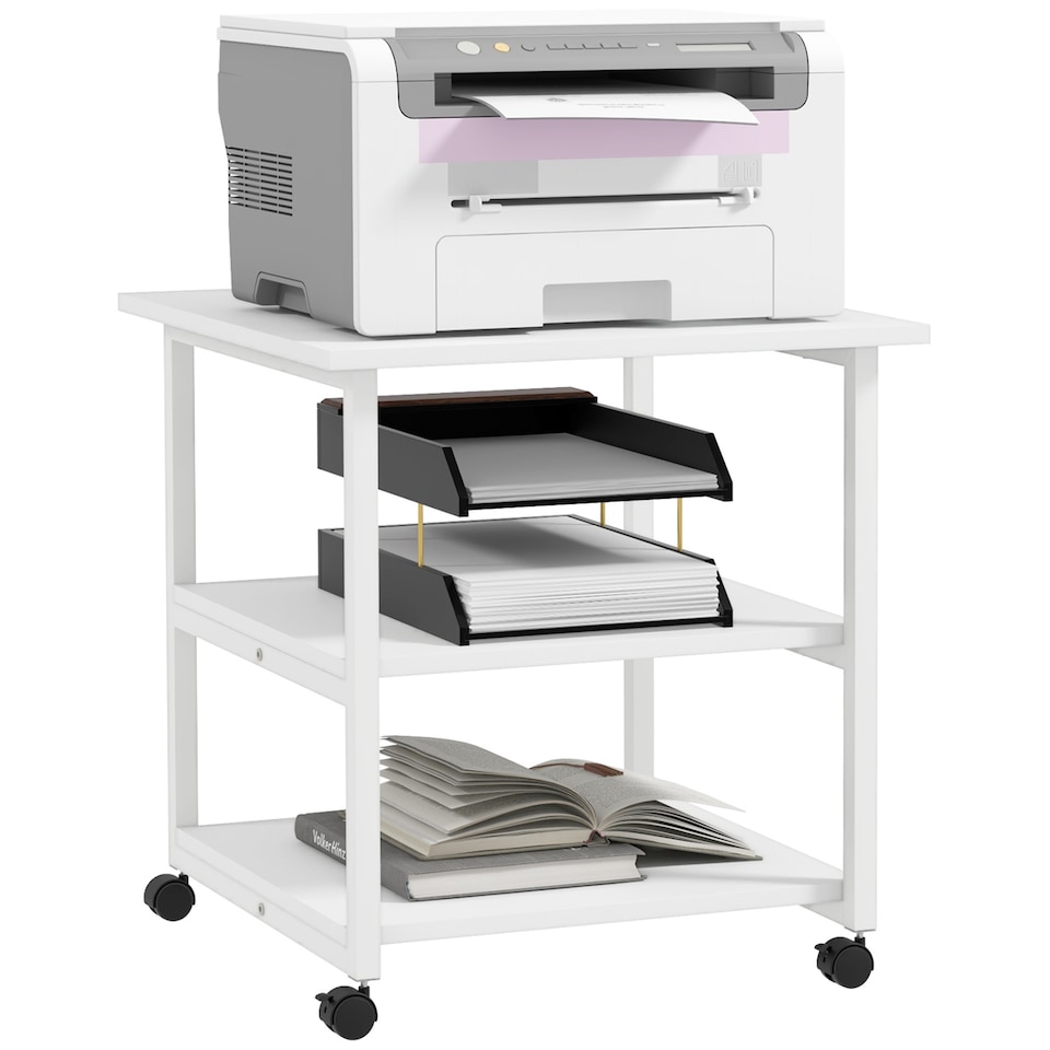 image 1 of HOMCOM 3-Tier Printer Stand with Storage Shelf, Mobile Printer Table on Wheels, 50 x 50 x 52.5cm Rolling Printer Cart for Home Office, White