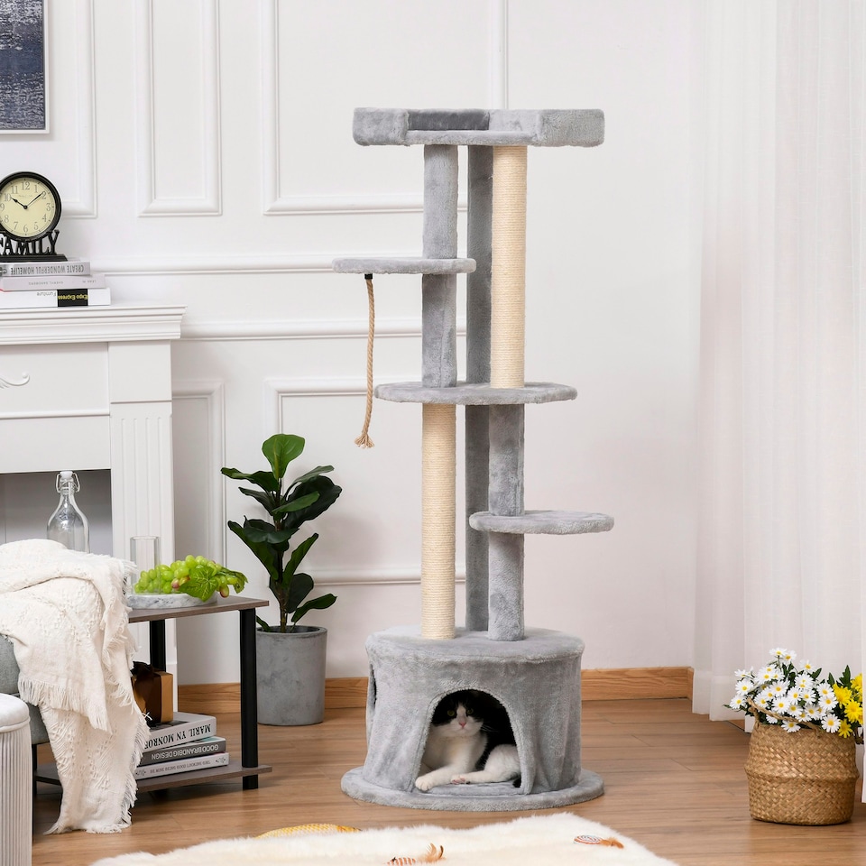 image 1 of PawHut Multi-level Cat Tree Tower with Condo Scratching Post, 150cm, Grey