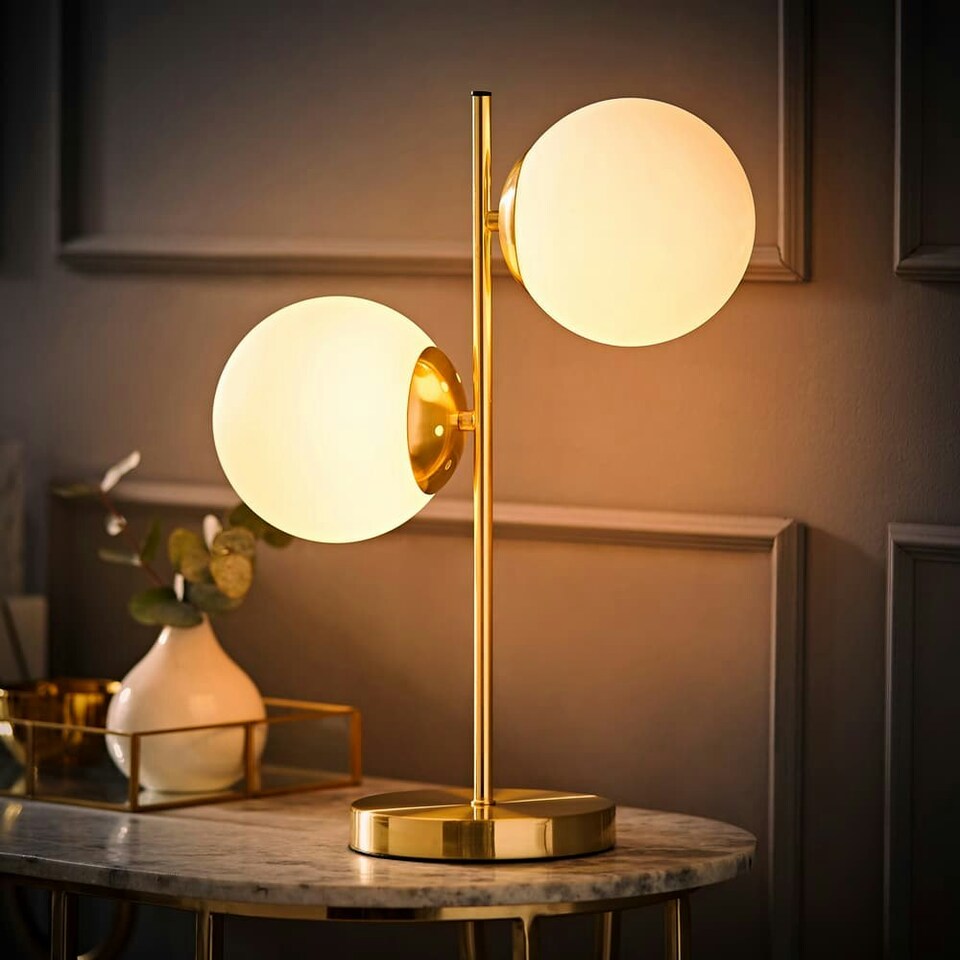 image 1 of ValueLights Jas 2 Light Gold Metal Stem Bedside Table Lamp with White Frosted Glass Shades - Bulbs Included | Gold