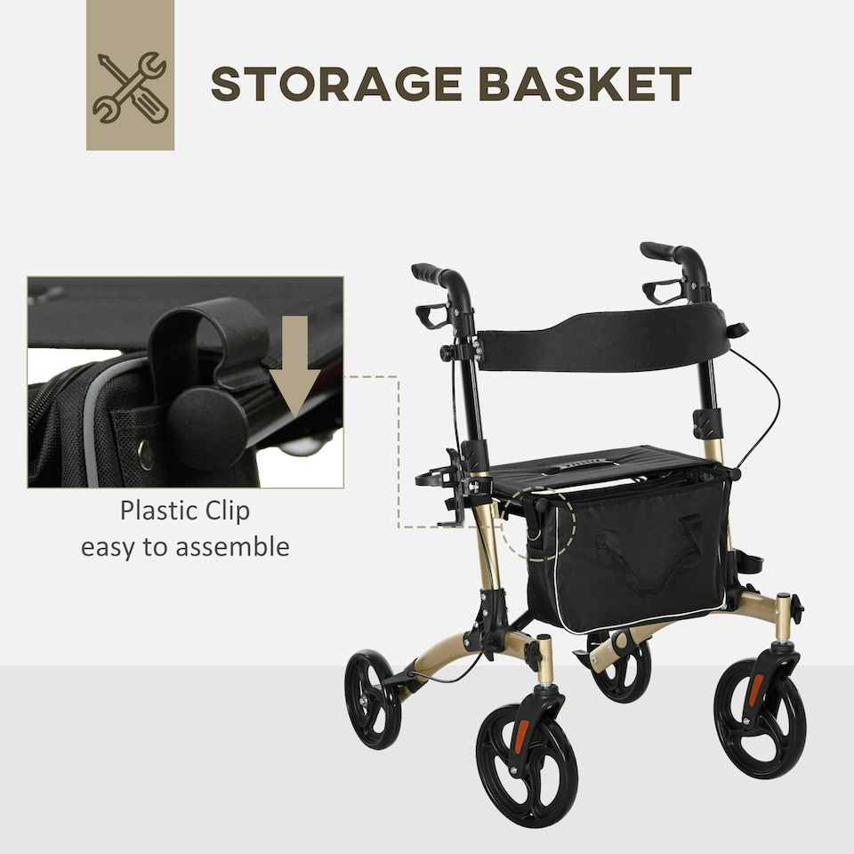 image 1 of HOMCOM Folding Rollator, 4 Wheeled Aluminum Mobility Walker with Seat and Bag