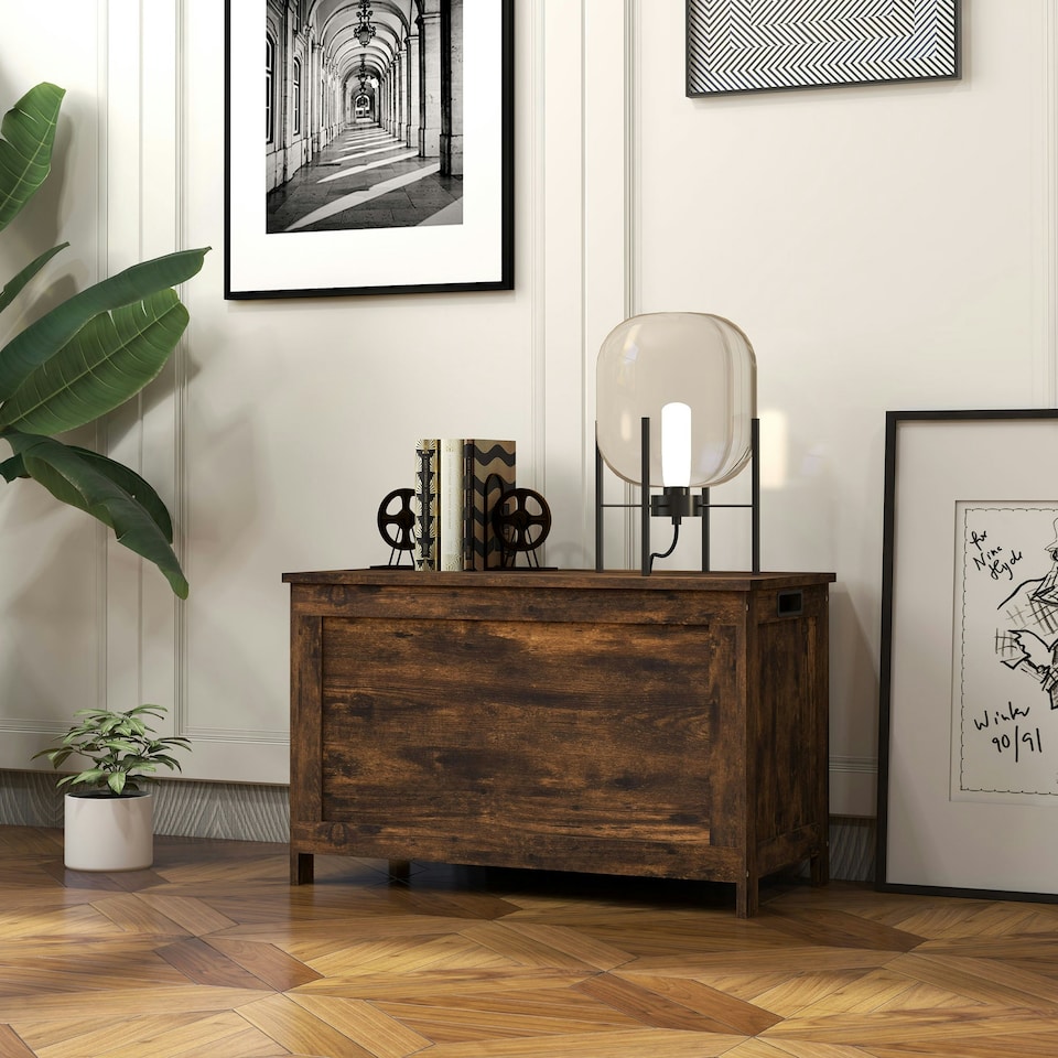 image 1 of HOMCOM Storage Chest with 2 Safety Hinges, Storage Bench, Rustic Brown Brown
