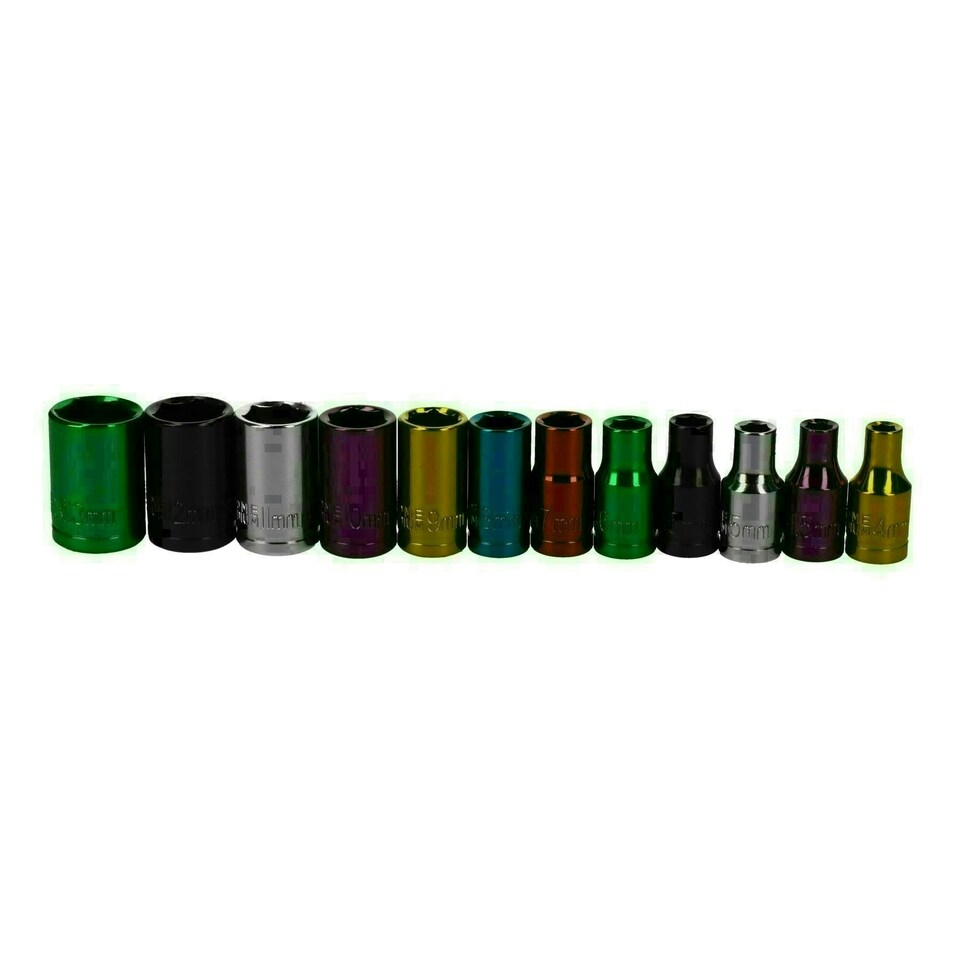 image 1 of 24pc Coloured 1/4" Dr Shallow & Deep Sockets 6 Point Hex Metric 4 - 13mm Rails