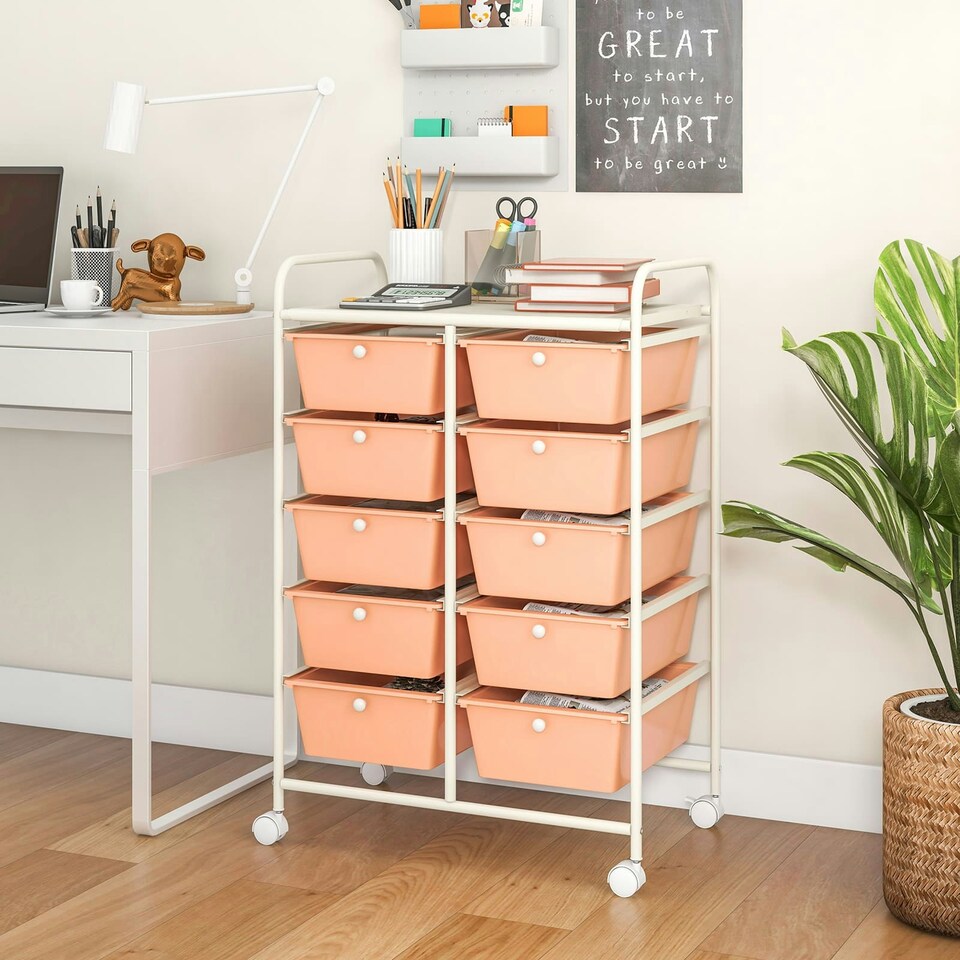 image 1 of COSTWAY 10 Drawers Storage Rolling Cart w/Universal Wheel Peach