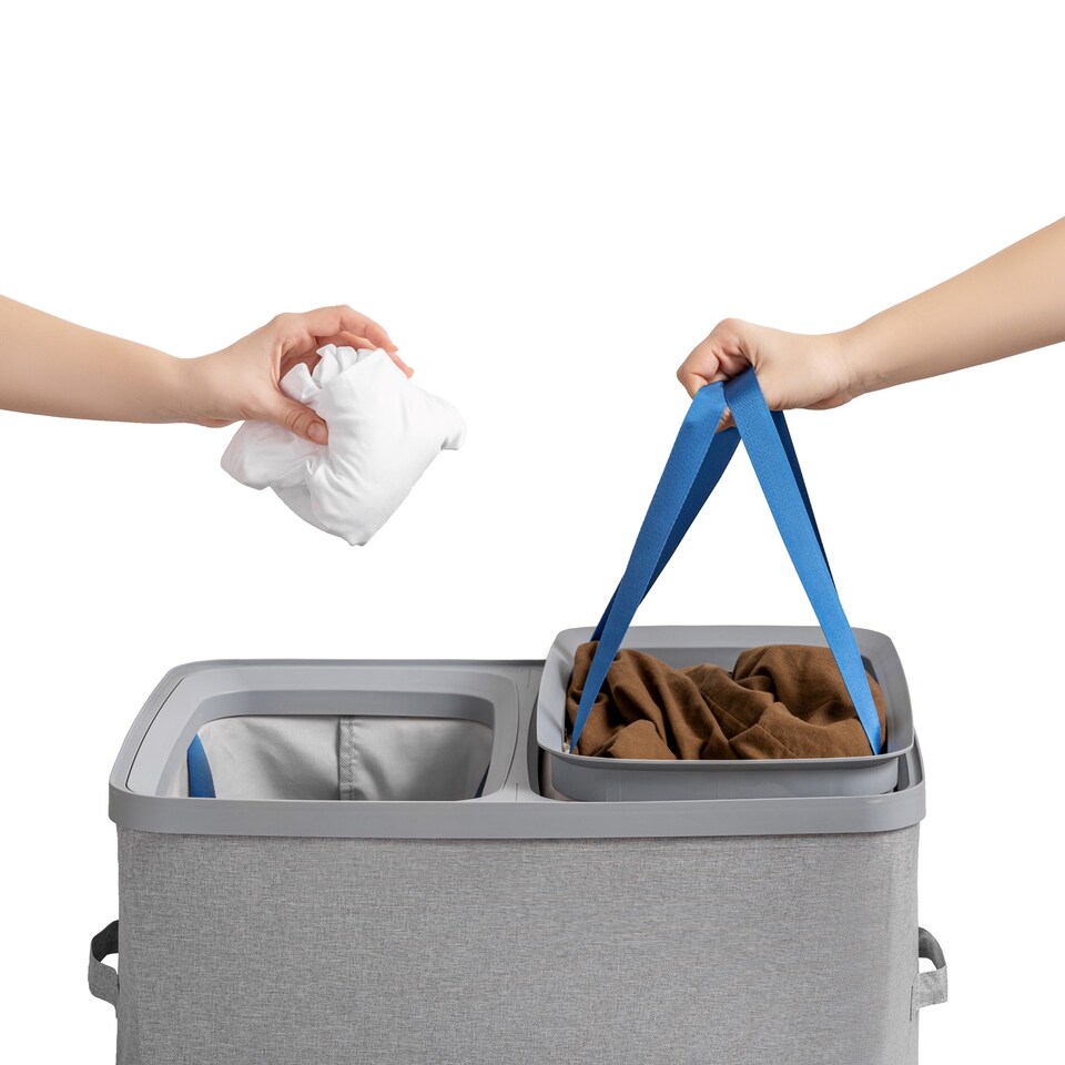 image 1 of Gr8 Home Grey Double Laundry Seperation Hamper Bin Large Clothes Washing Basket With Lid