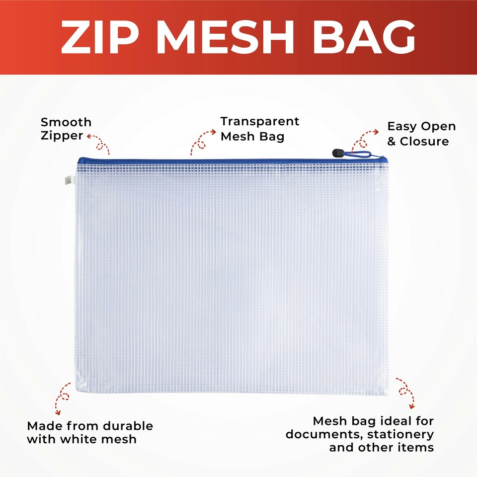 image 1 of Pack of 12 A5 Blue Zip Strong Mesh Bags - Tough Waterproof Storage