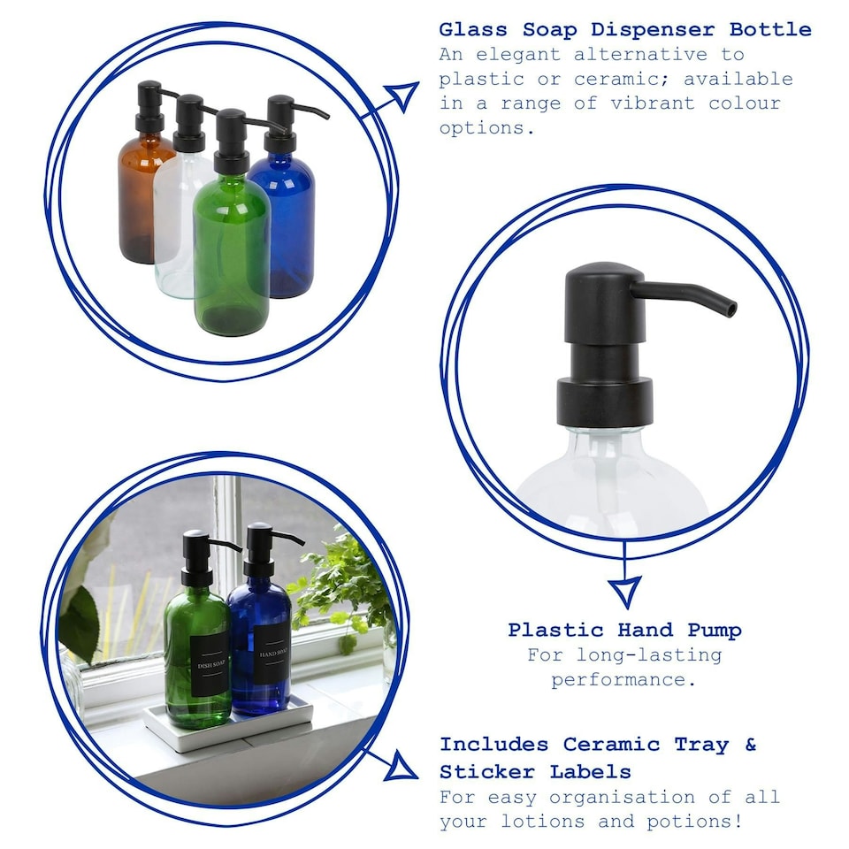 image 1 of Harbour Housewares 2pc Glass Soap Dispenser Set with Ceramic Tray & Labels - 500ml - Green/White