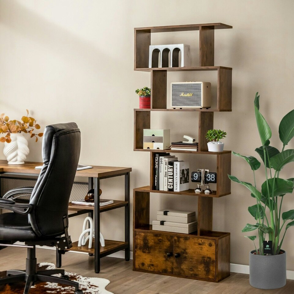 image 1 of COSTWAY 5-tier Bookcase S-Shaped Bookshelf Display Rack Brown Brown