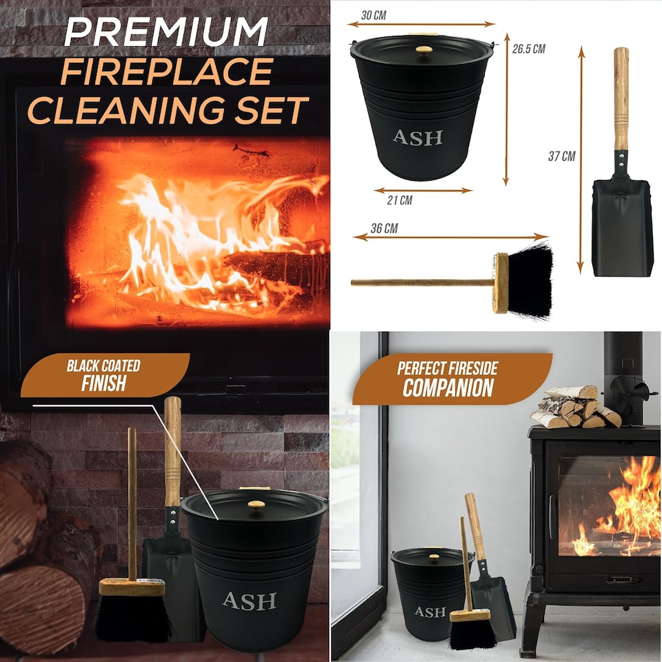 image 1 of Metal Ash Bucket with Lid and Fireside Companion Set Coal Shovel and Brush Kit