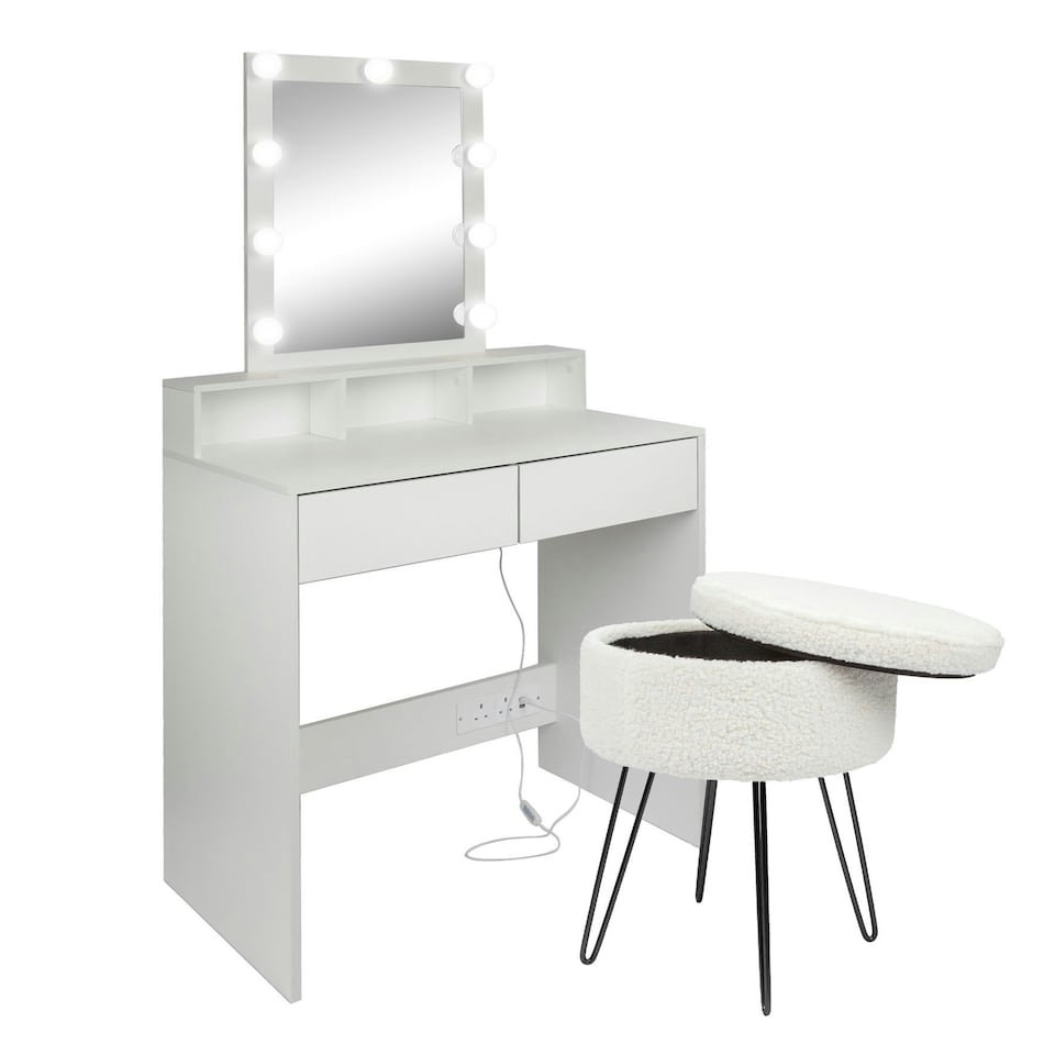 image 1 of Harbour Housewares Wooden Dressing Table Set with LED Lights & Cream Stool - White Cream