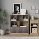 image 2 of Asymmetrical 8 Oak Cube Bookcase Shelf Storage Unit with 3 Fabric Drawer Inserts | Multi | Oak & Grey Drawer | 1