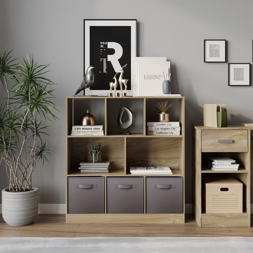 image 1 of Asymmetrical 8 Oak Cube Bookcase Shelf Storage Unit with 3 Fabric Drawer Inserts | Multi | Oak & Grey Drawer | 1