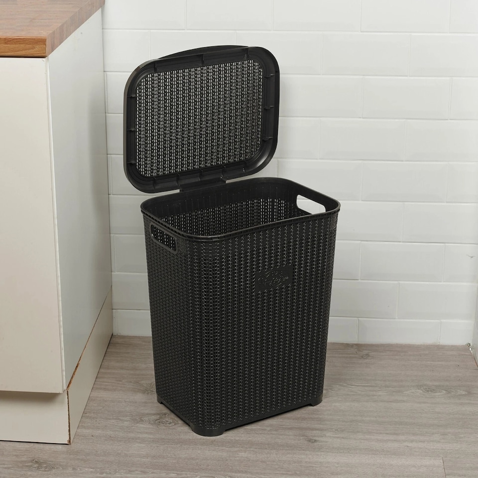 image 1 of 45L Plastic Laundry Basket Dirty Clothes Washing Storage Hamper with Handles & Lid | Black | Black