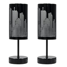 ValueLights Pair Of Modern Gloss Black Touch Table Lamps With New York Skyline Shades Black