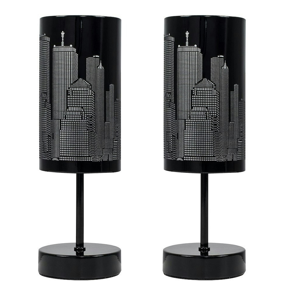image 1 of ValueLights Pair Of Modern Gloss Black Touch Table Lamps With New York Skyline Shades Black
