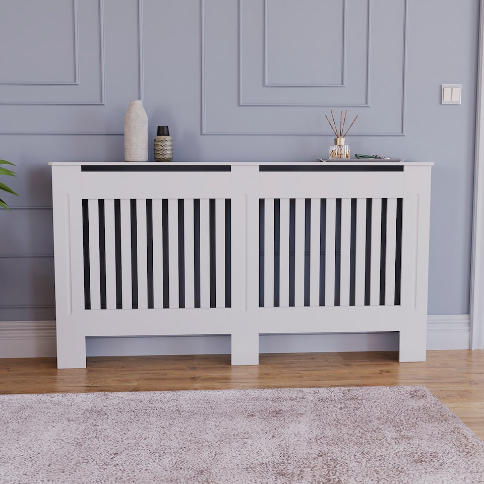image 1 of Vida Designs Chelsea Radiator Cover Painted MDF Slatted Cabinet, White, 152cm