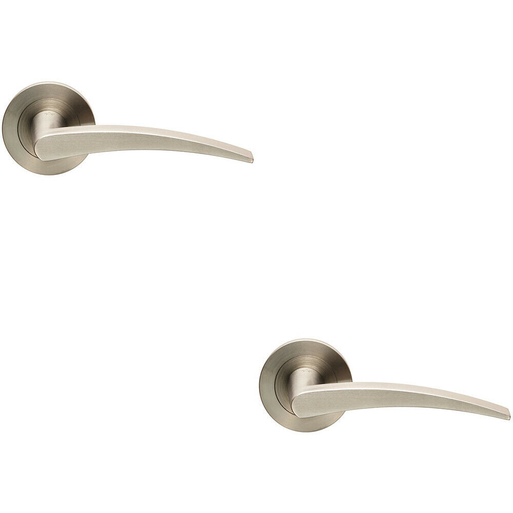 2x PAIR Slim Arched Flat Lever on Round Rose Concealed Fix Satin Stainless Steel