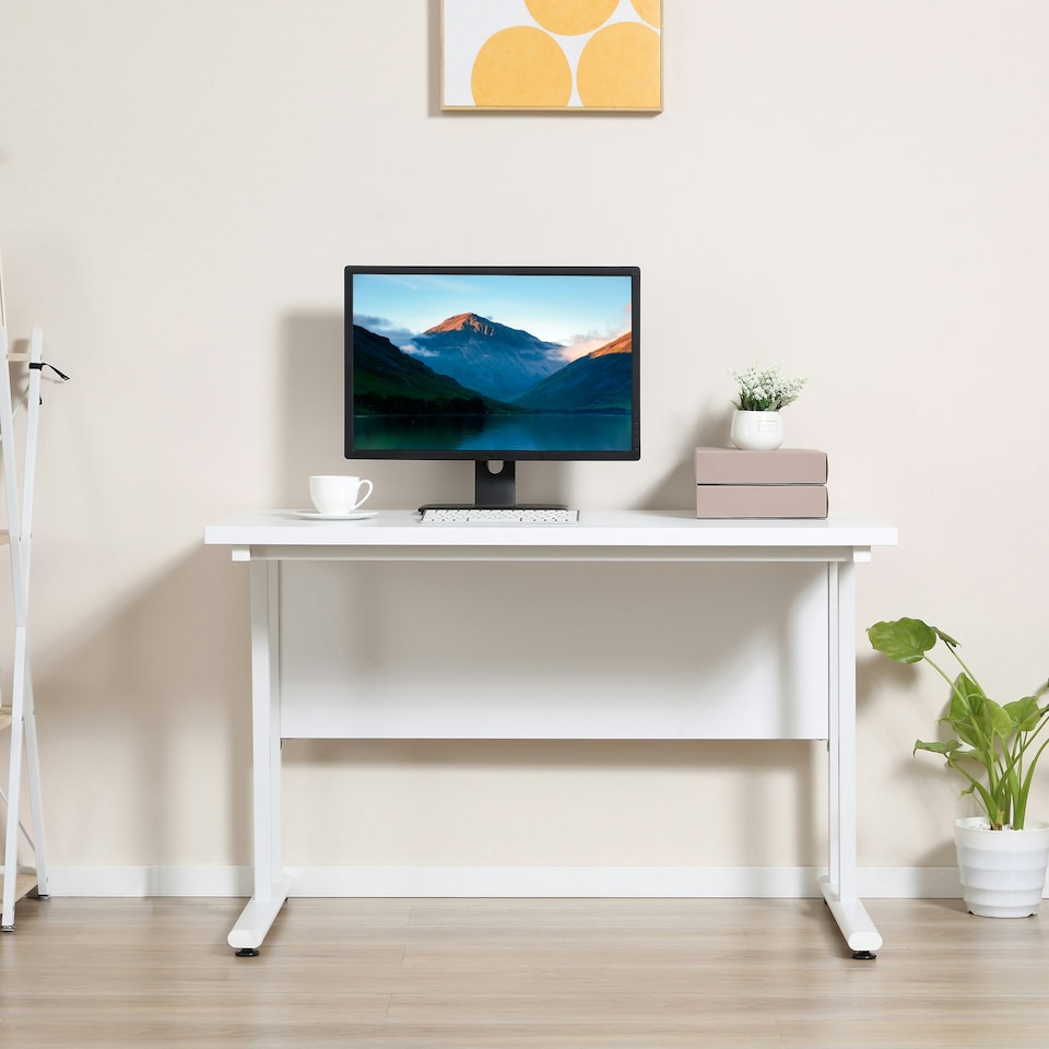 image 1 of HOMCOM Computer Desk Writing Table with 2 Cable Management Holes Metal Leg White