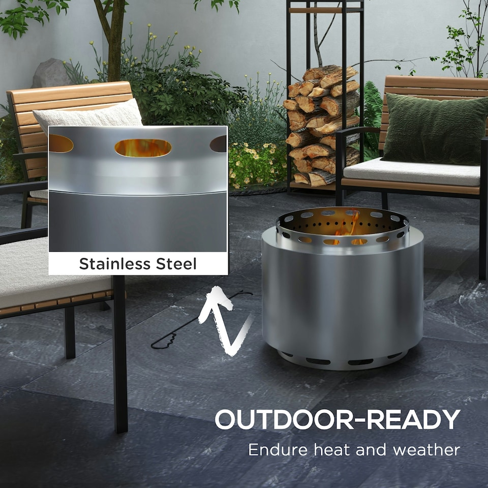 image 1 of Outsunny 48.5cm Smokeless Wood Burning Firepit Stainless Steel Fire Pit, Silver
