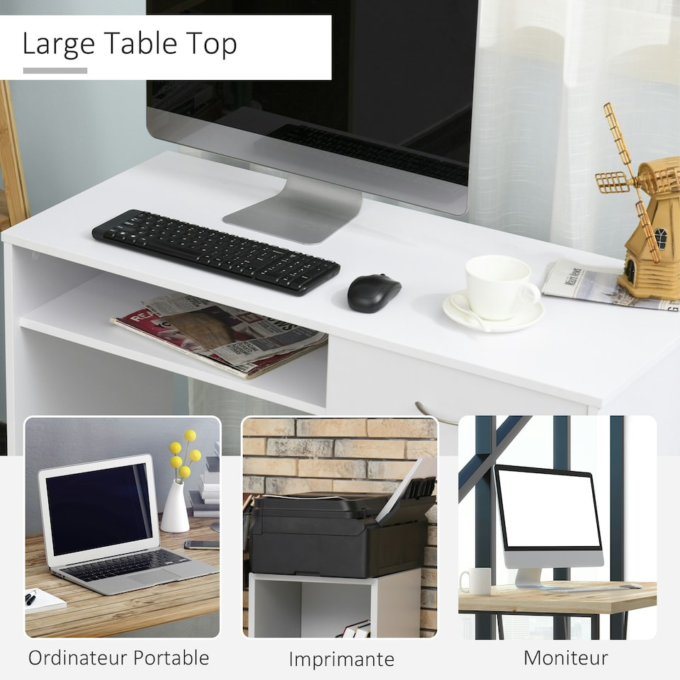 image 1 of HOMCOM Modern Computer Work Desk Table Study Shelf Drawer Writing Station White