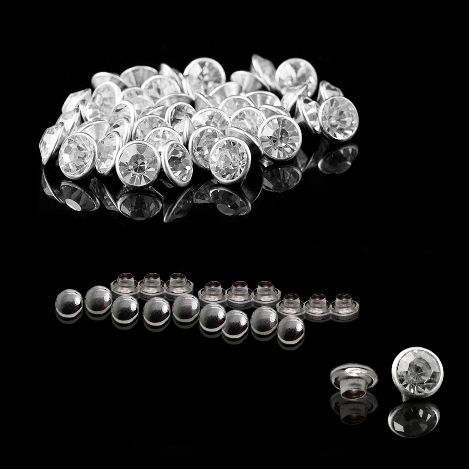 Neel Blue 8mm Flat Clear Crystal Rivets, Diamante Acrylic Studs with Pins in Silver