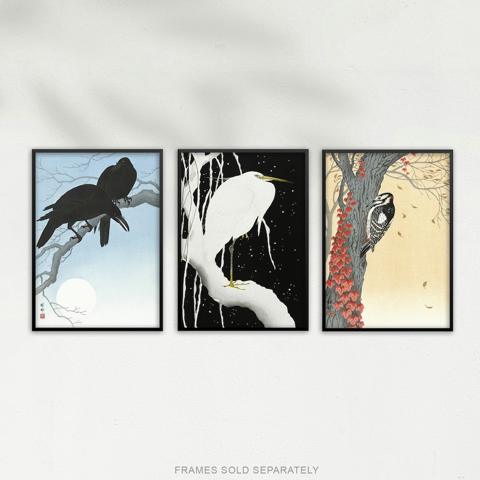image 1 of Set of 3 Ohara Koson Birds Japanese Nature Beige Blue A3 Wall Art Prints | Multi