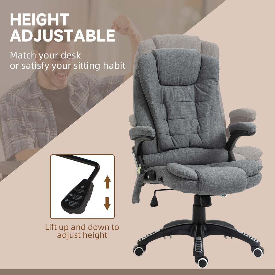 image 1 of Vinsetto Office Chair, Ergonomic Desk Chair with 6-Point Massage and Back Heated, Linen-Feel Fabric Computer Gaming Chair with Arms, Lumbar Support, Grey