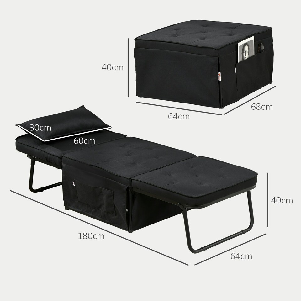 image 1 of HOMCOM Folding Sleeper Chair Bed with Pillow and Side Pockets, Black