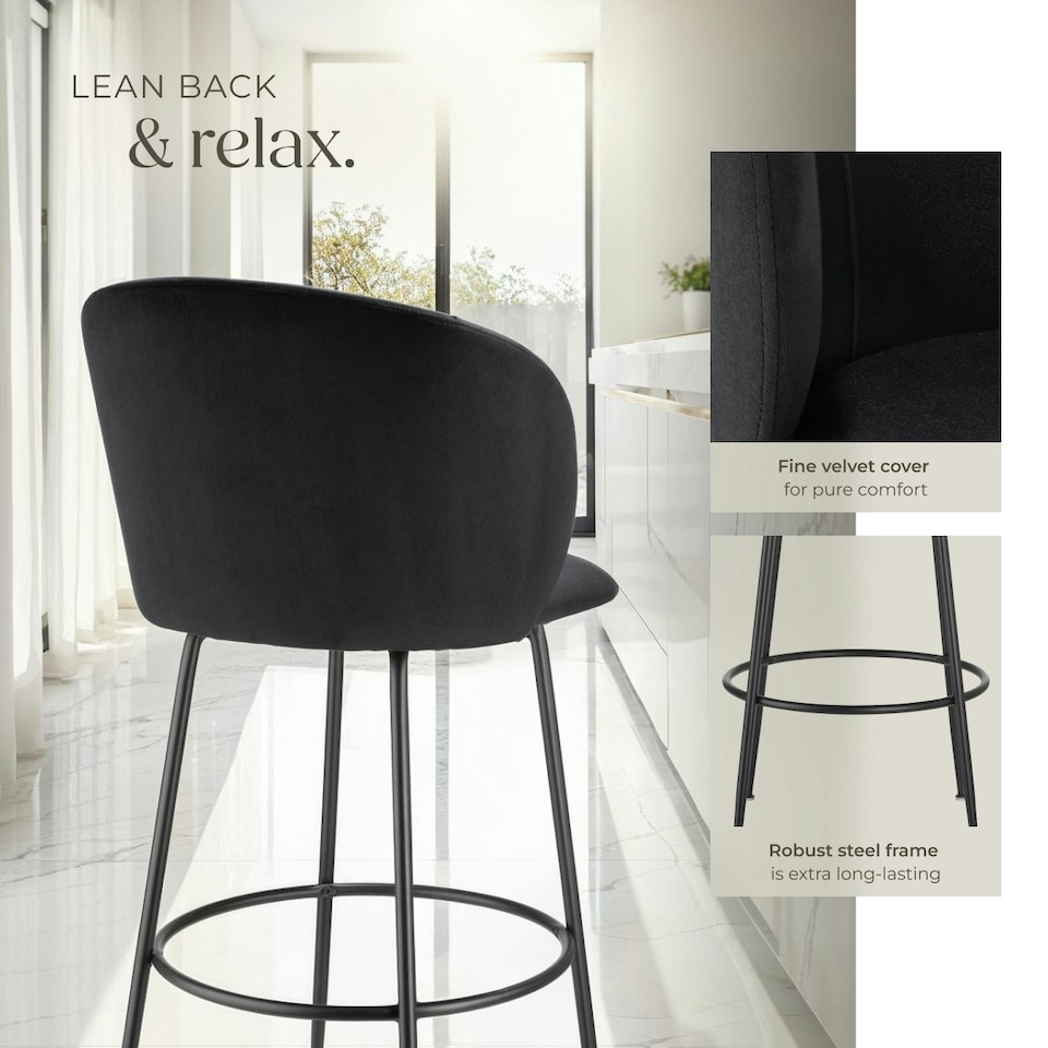 image 1 of Bar Stool Luana - with backrest, velvet look and padded - Set of 6 Black
