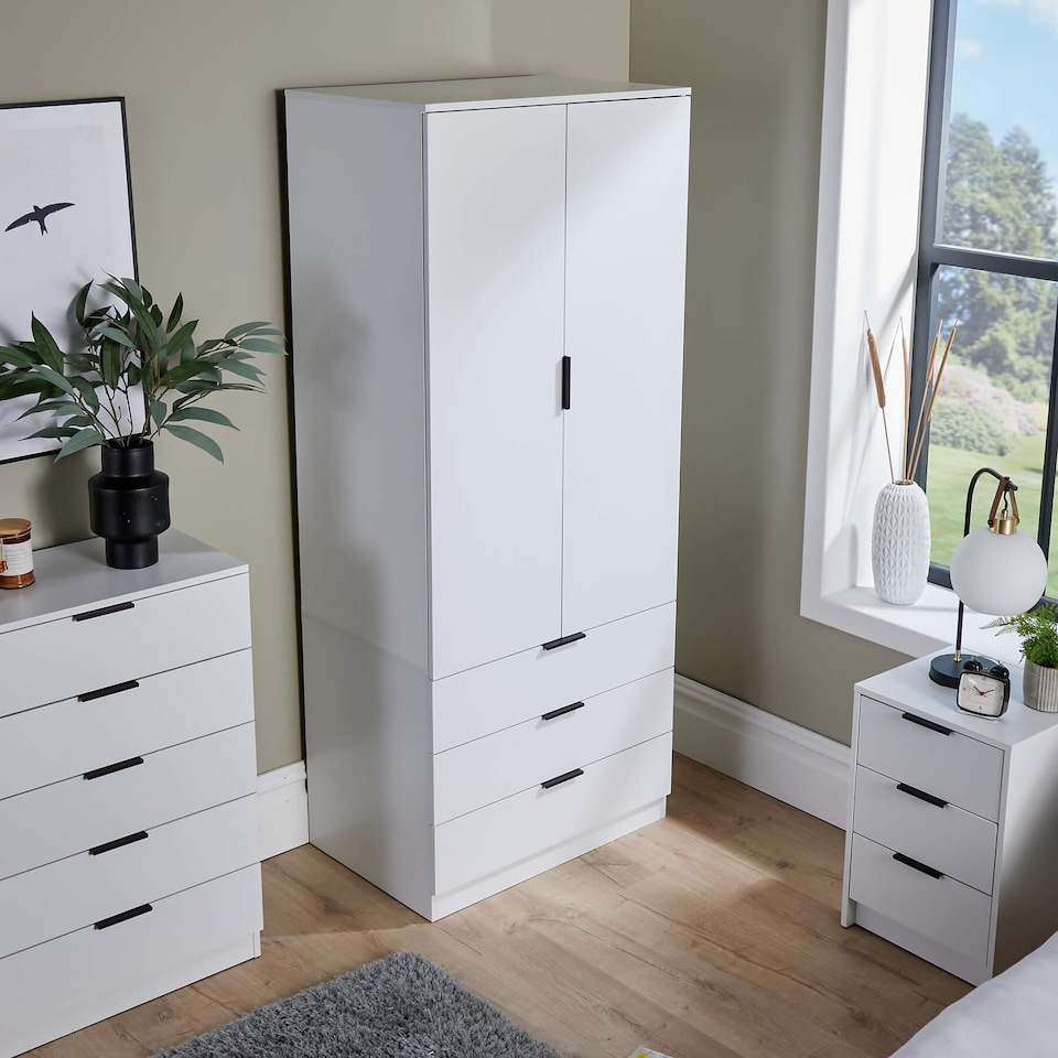image 1 of Phoenix Wardrobe 2 Door 3 Drawers Bedroom Home Furniture Clothing Storage Shelf | White