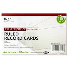 Pack of 100 8"x5" Ruled White Record Cards by Premier Office