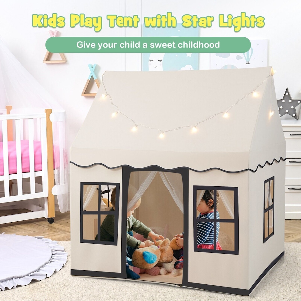 image 1 of COSTWAY Kids Play Tent Indoor Kids Playhouse with Star Lights Beige