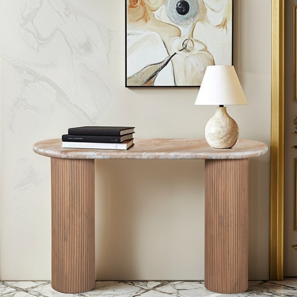 image 1 of Bundi Natural Marble & Wood Pedestal Console Table Brown
