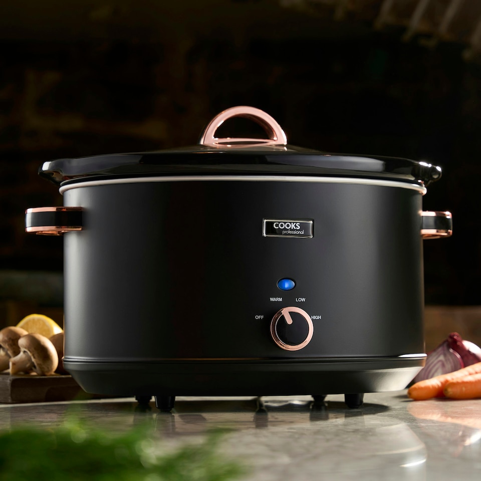 image 1 of Cooks Professional Slow Cooker 8 Litre with Dishwasher Safe Bowl, 2 Heat Settings & Keep Warm Function | Black & Rose Gold