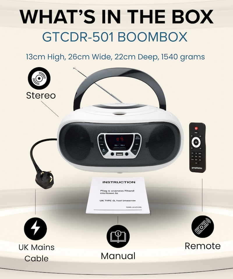 image 1 of Grouptronics Small Portable CD Player For Home With Speakers – Boombox Mains Or Battery Powered, FM Radio, Supports MP3 Audio Books - GTCDR-501