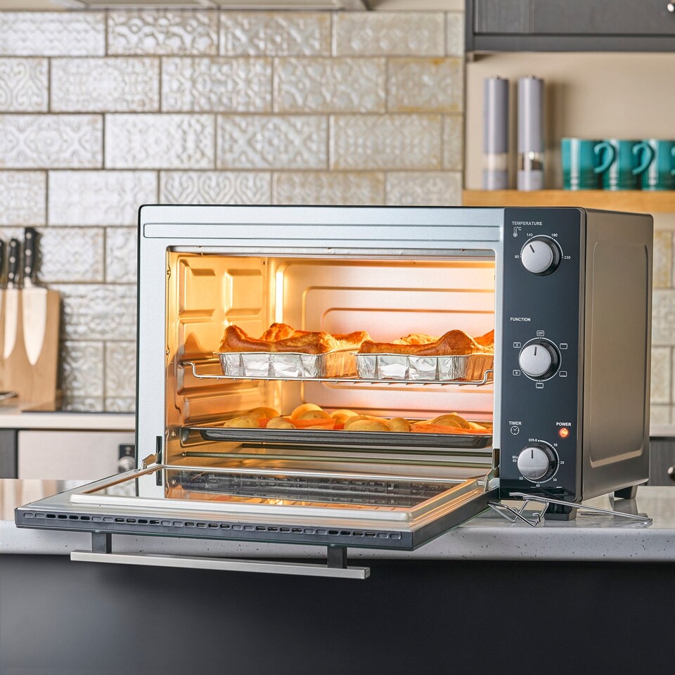 image 1 of Cooks Professional 48L Mini Oven - Electric Multifunction Countertop Grill Cooker with Adjustable Temp & Timer | Black | Black & Silver