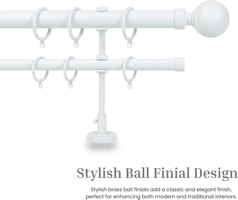 image 1 of Lister Cartwright Double Curtain Extendable Pole Set with White Ball Finials- 19mm & 28mm Metal Poles(70- 120 cm)
