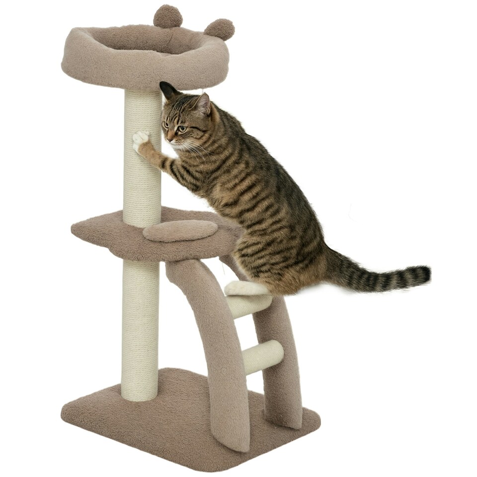 image 1 of PawHut Cat Tower with Sisal Scratch Post, Ball, Perch, Stairs, 88cm, Brown