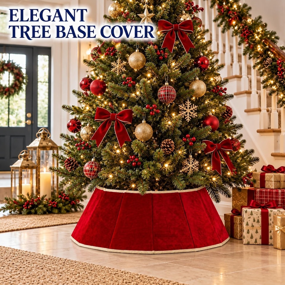 image 1 of 26.8 Inch Red Velvet Diamond Shape Christmas Tree Collar with Foldable Design