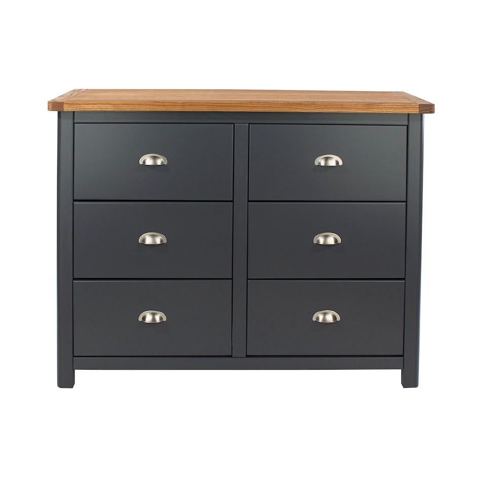 image 1 of Dunkeld 3+3 Drawer Wide Chest - Midnight Blue Painted Wood Bedroom Storage with Antique Waxed Top | Blue | Blue | 1