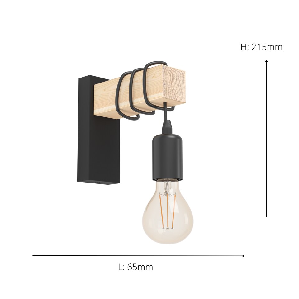 image 1 of EGLO Townshend Black Metal & Natural Wood Wall Light - Vintage Industrial Style (D) 21.5cm