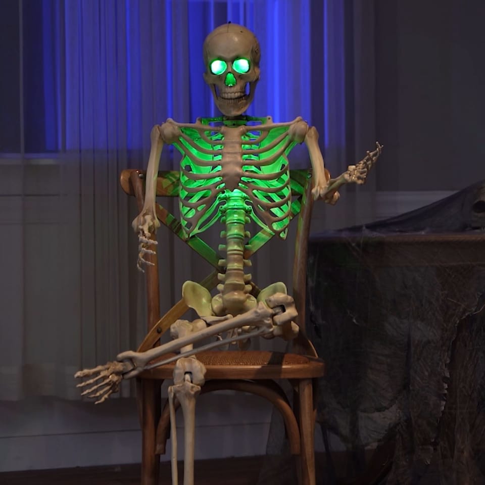 image 1 of 5ft (152cm) Battery Powered Light up Halloween Skeleton with Poseable Joints & Green LEDs