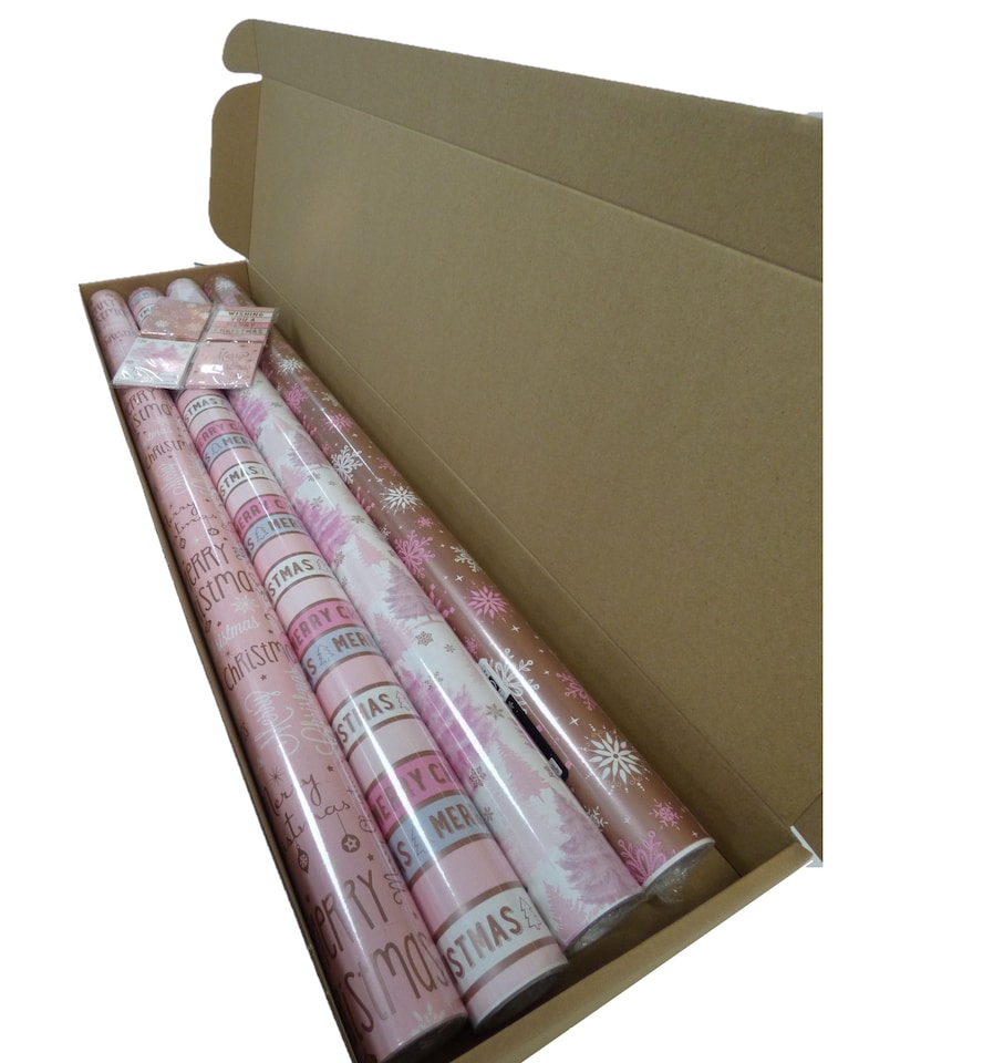 image 1 of Christmas Gift Wrapping Paper 4 x 8M Rolls And Gift Tags Rose Gold Blush Pink
