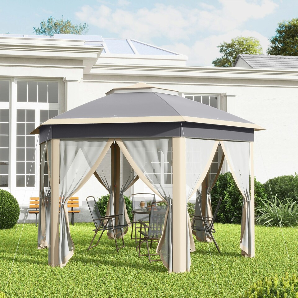 image 1 of Outsunny 3x4m Hexagon Gazebo w/ Mesh Curtains Outdoor Garden, Khaki