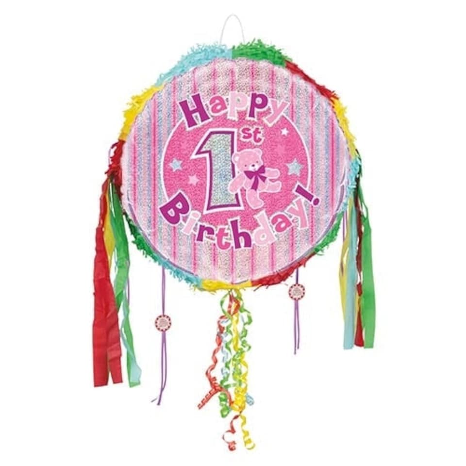 Happy 1st Birthday Pink Holographic Pull String Pinata