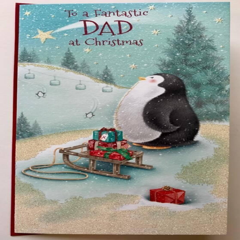 Fantastic Dad At Christmas Penguin With Gift Box Glitter Xmas Card