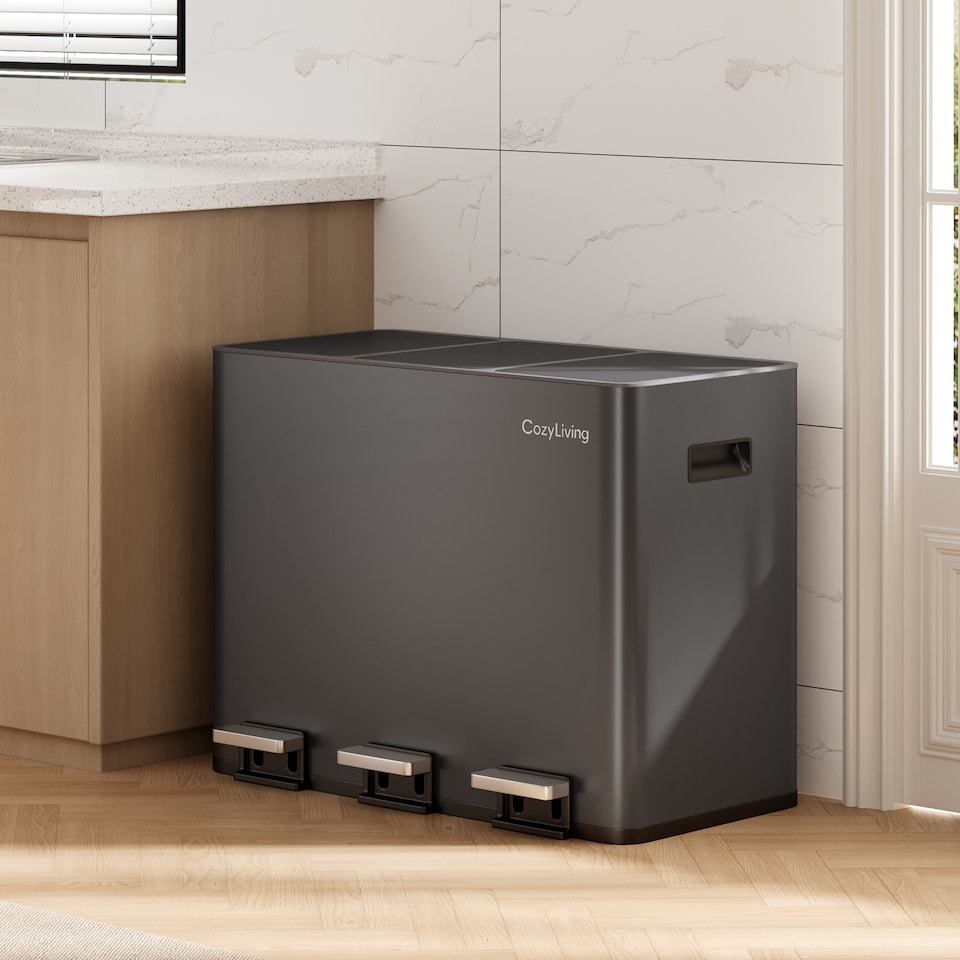 image 1 of CozyLiving 45L Triple Pedal Bin for Recycling and General Waste Rubbish Kitchen Bin 3x 15L