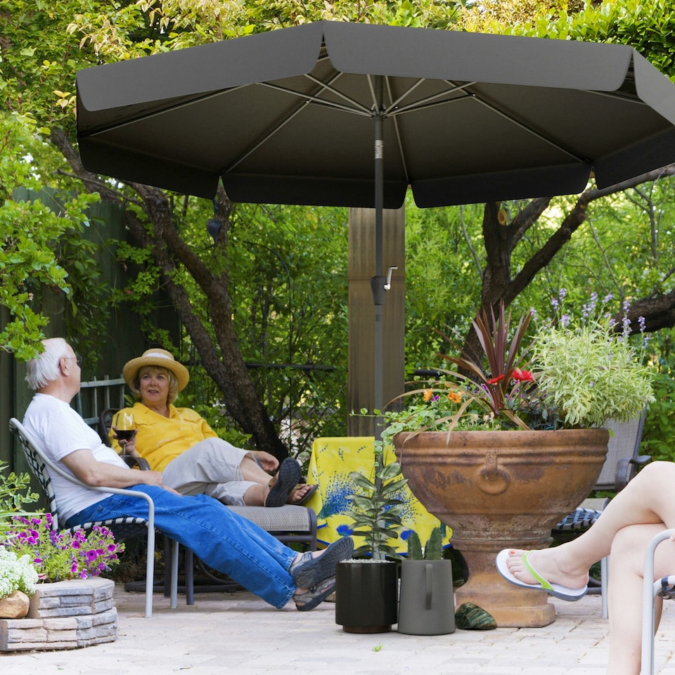 image 1 of Outsunny 2.7m Patio Umbrella Garden Parasol with Crank, Ruffles, 8 Ribs, Black