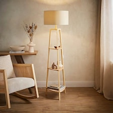 ValueLights Hiru Wooden 3 Tier Shelf Floor Lamp Natural Shade & Bulb | Cream