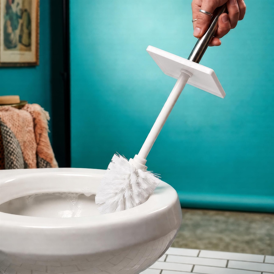 image 1 of Harbour Housewares White Toilet Brush and Holder - Square Brush with Non Slip Base Rust Resistant Toilet Cleaning Brush Set