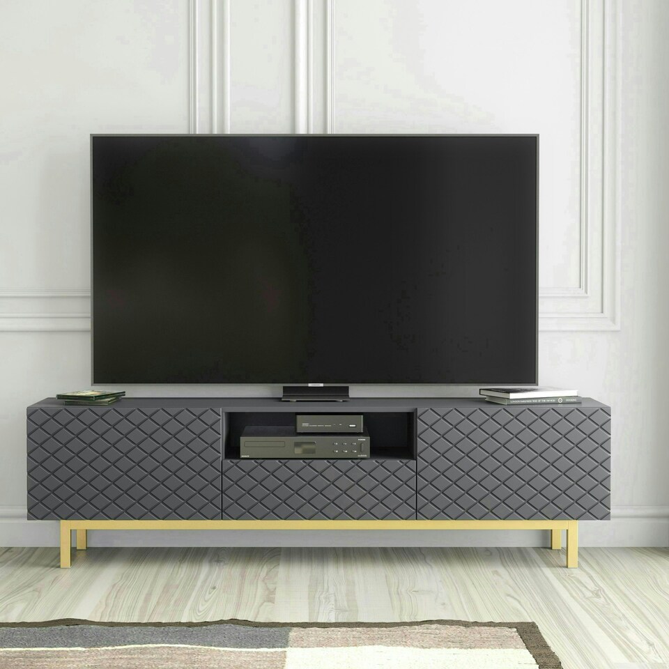 image 1 of Grey TV Unit 180cm Diamond Fronts Gold Legs Modern Media Cabinet | Grey | One Size | 1